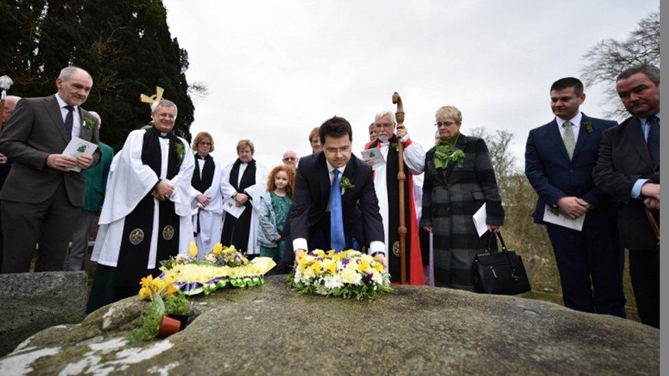 Northern Ireland Secretary of State, James Brokenshire, laid a wreath at St Patrick's grave outside Down Cathedral