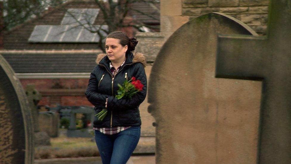 Charlotte Butcher visiting her husband's grave