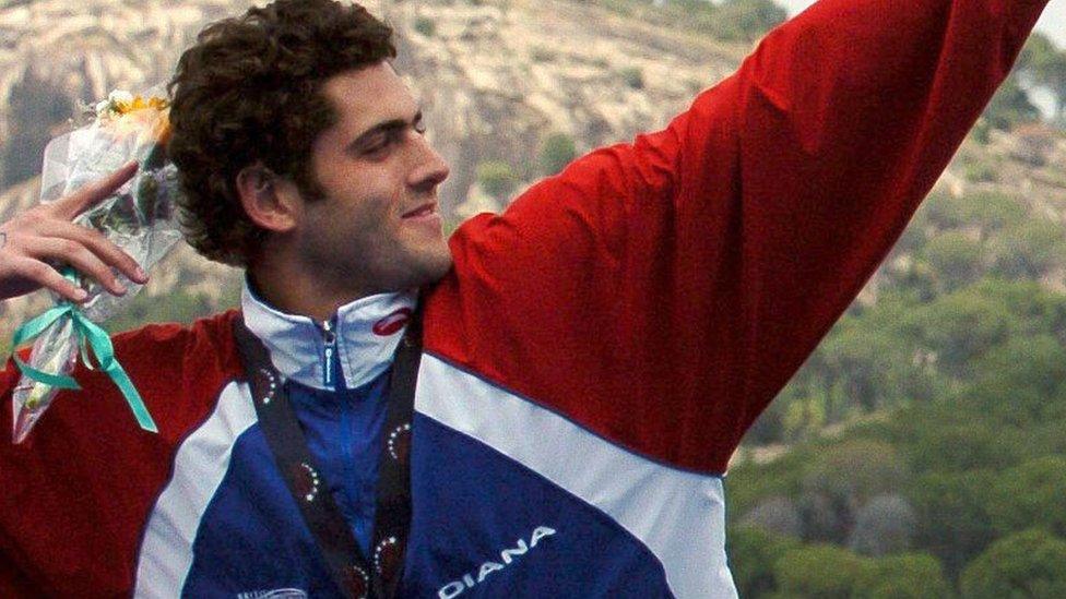 Second-placed Alan Bircher, of the 5-km Men's Open Waters event of the European Swimming Championships, held on Thursday 13 May 2004, at a reservoir near Madrid