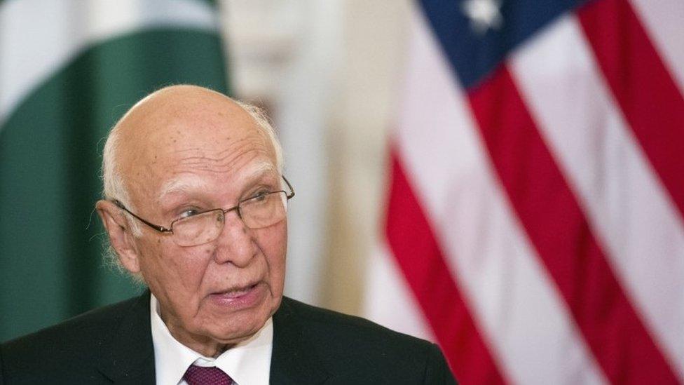 Pakistan Foreign Affairs Adviser Sartaj Aziz speaks during the US-Pakistan Strategic Dialogue meeting at the State Department (29 February 2016)