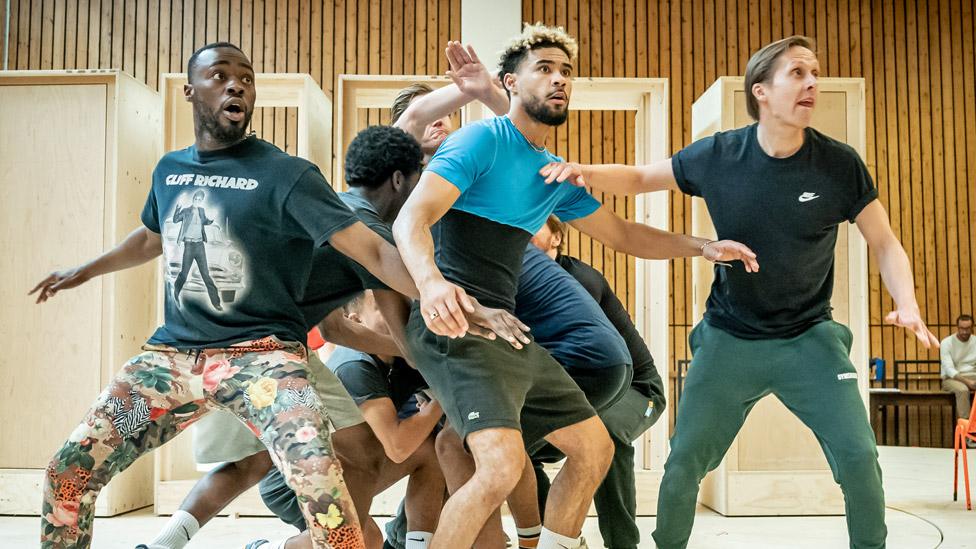 Kel Matsena, Darragh Hand and Will Close in rehearsals for Dear England at the National Theatre