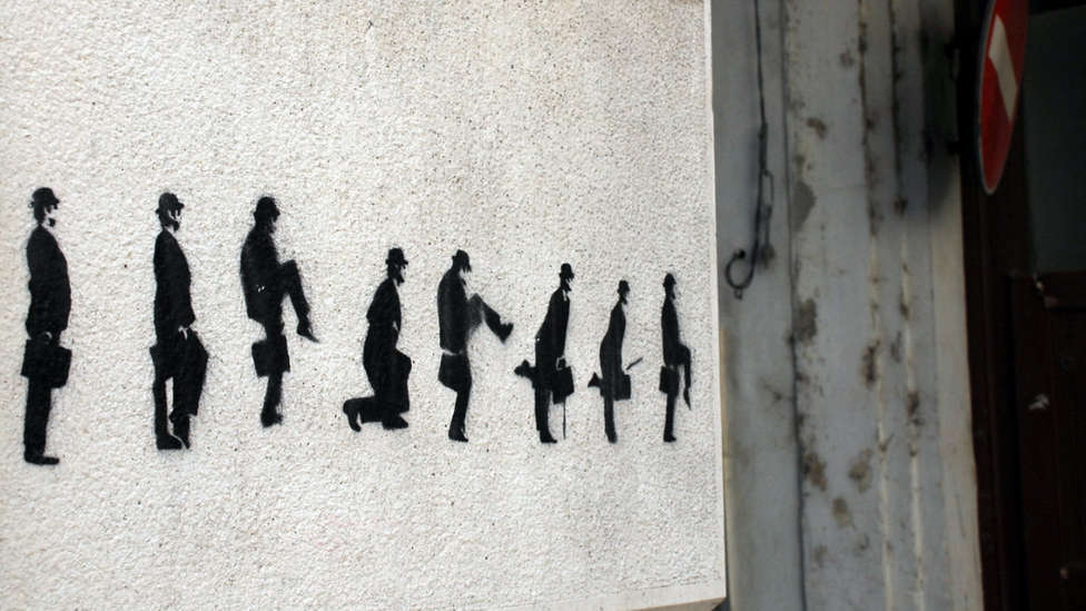 Silly walks street art, Oporto, Portugal