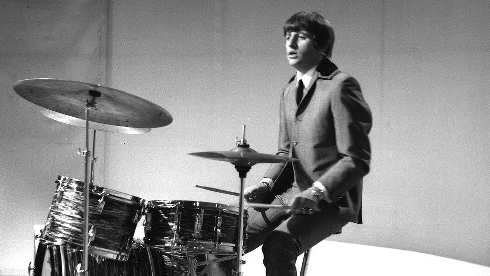 Ringo Starr at the drum kit during his days in The Beatles