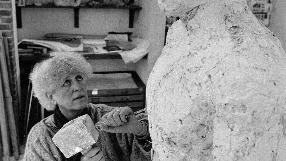 Elisabeth Frink working on the Dorset Martyr group, 1985