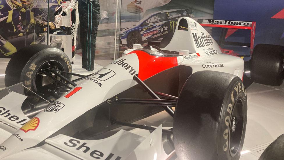 Ayrton Senna's world champ winning 1991 McLaren - white car with orange and Marlboro writing on it