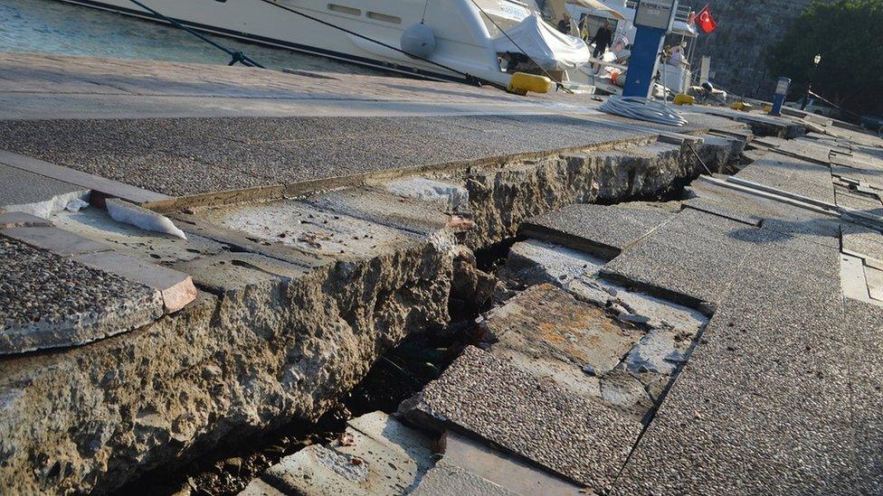 Damage at a port on the island of Kos, Greece, following an earthquake, 21 July 2017