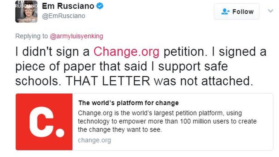 A tweet by Em Rusciano says: "I didn't sign a Change.org petition. I signed a piece of paper that said I support Safe Schools. THAT LETTER was not attached"