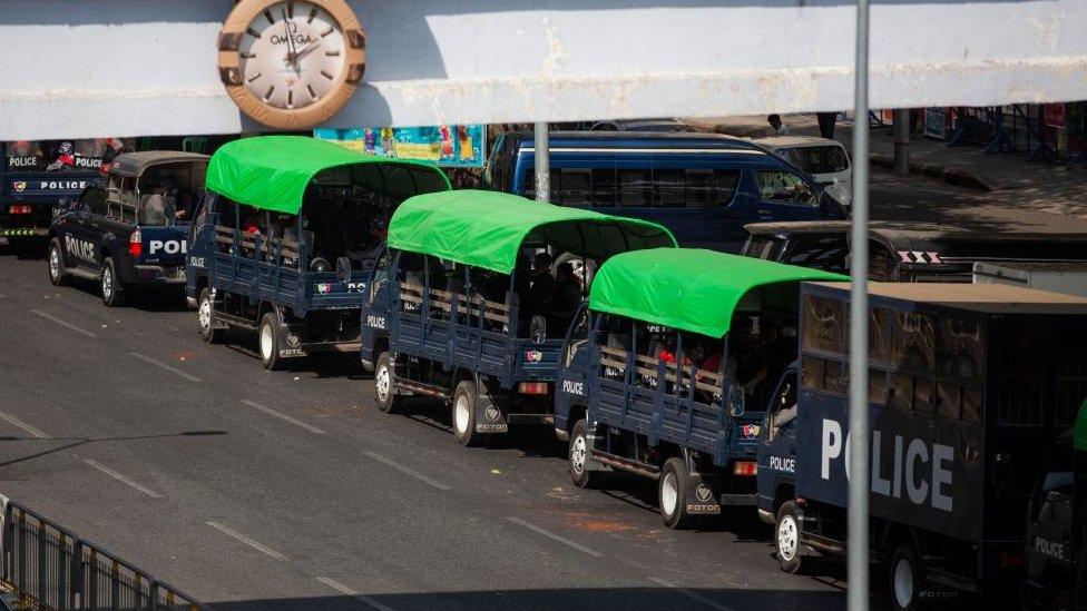 View of police trucks parked aside the Streets in Yangon.