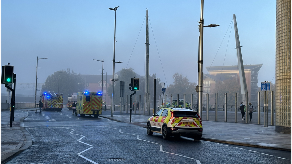 Police and ambulance vehicles on Wood Street in Cardiff