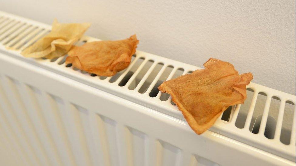 Used teabags on a radiator exhibition