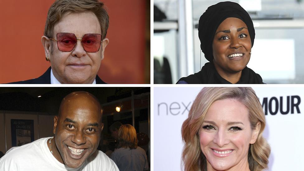 (Clockwise from top left): Elton John, Nadiya Hussain, Gabby Logan, Ainsley Harriott