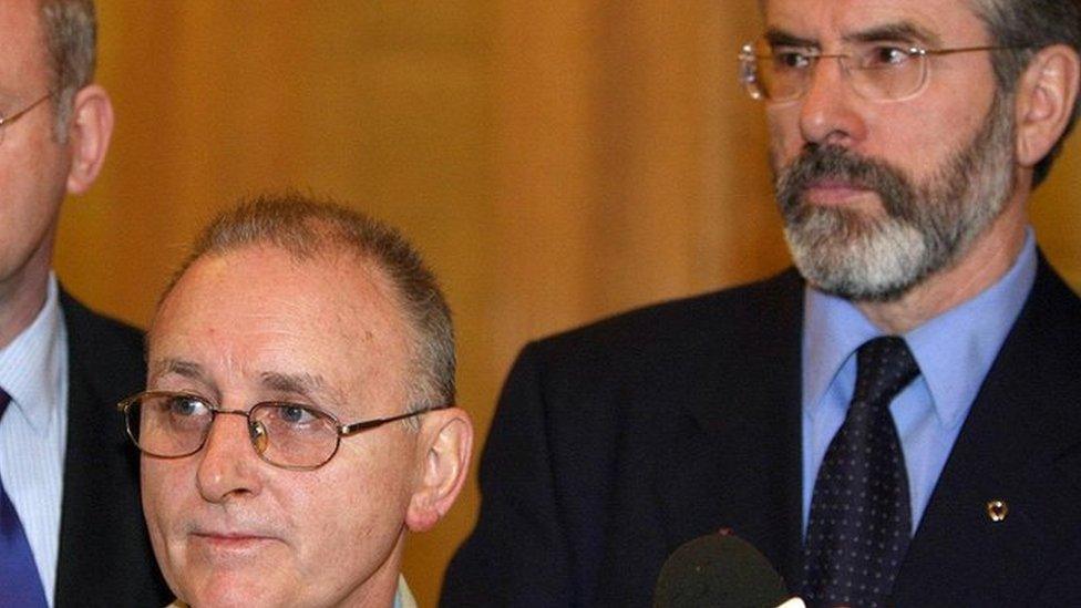 Denis Donaldson and then party President Gerry Adams in Stormont pictured in 2005 in Stormont