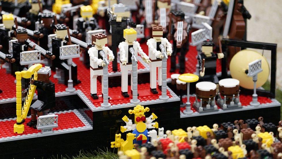 Lego models of Take That are seen in a Windsor Castle concert Miniland scene at Legoland Windsor Resort, ahead of the coronation of King Charles III on May 6