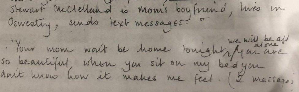 Handwritten note explaining her mother's partner is texting Kim