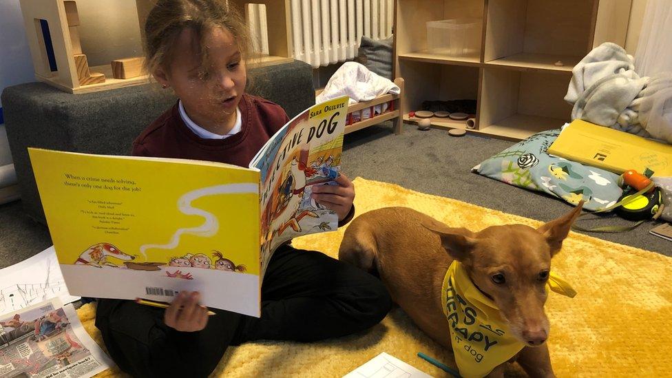 Pupil Aleah reading a book with Pip by her side