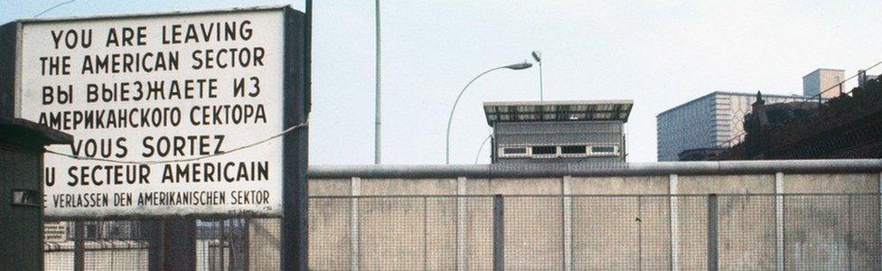 View of Berlin Wall at River Spree checkpoint, 1976