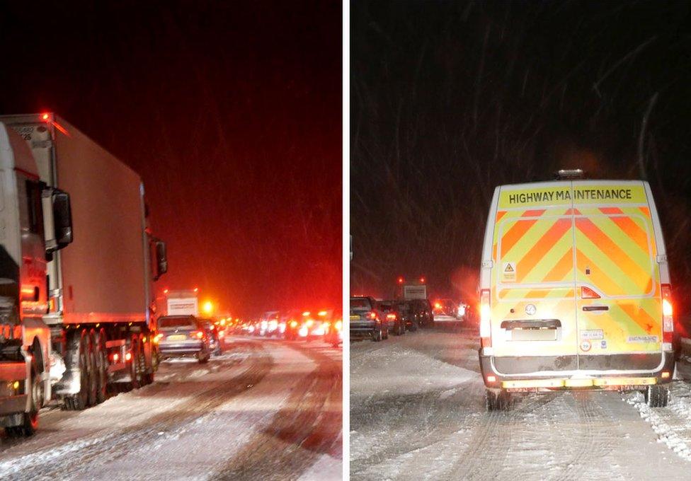 Traffic jam seen during a snow flurry on the A30