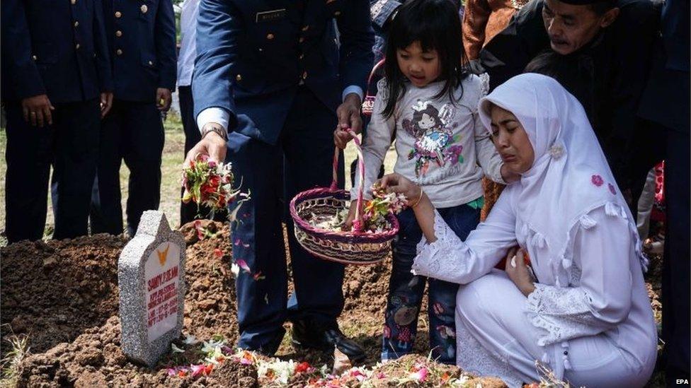 Fitriana Hapsar (R) weeps during the funeral of her husband Capt Sandy Permana, the pilot of the plane Semarang, Central Java (2 July)