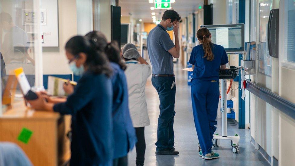 a general view of staff on a NHS hospital ward at Ealing Hospital in London. Junior doctors in the Hospital