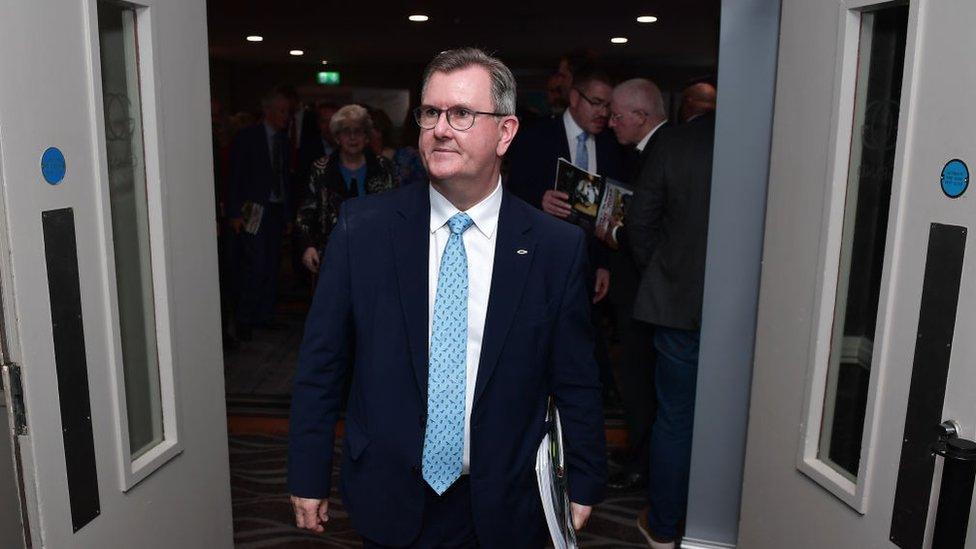 BELFAST, NORTHERN IRELAND - OCTOBER 14: DUP leader Sir Jeffrey Donaldson attends the DUP annual autumn conference at Crowne Plaza Belfast on October 14, 2023 in Belfast, Northern Ireland.