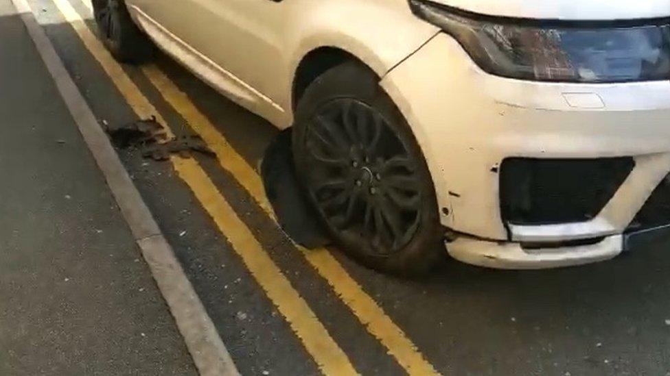 Damage to a Range Rover alleged to have been driven carelessly by Aston Villa Captain Jack Grealish in Dickens Heath, near Solihull,