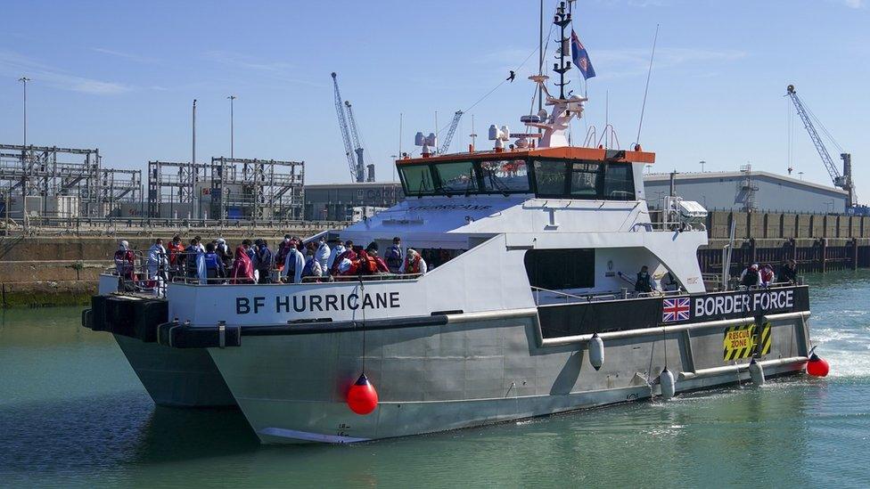 A group of people thought to be migrants are brought in to Dover, Kent, aboard a Border Force vessel