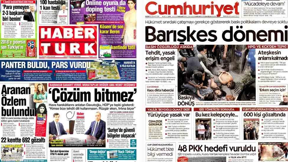 Compilation of front page headlines from Haber Turk and Cumhuriyet 26 July 2015