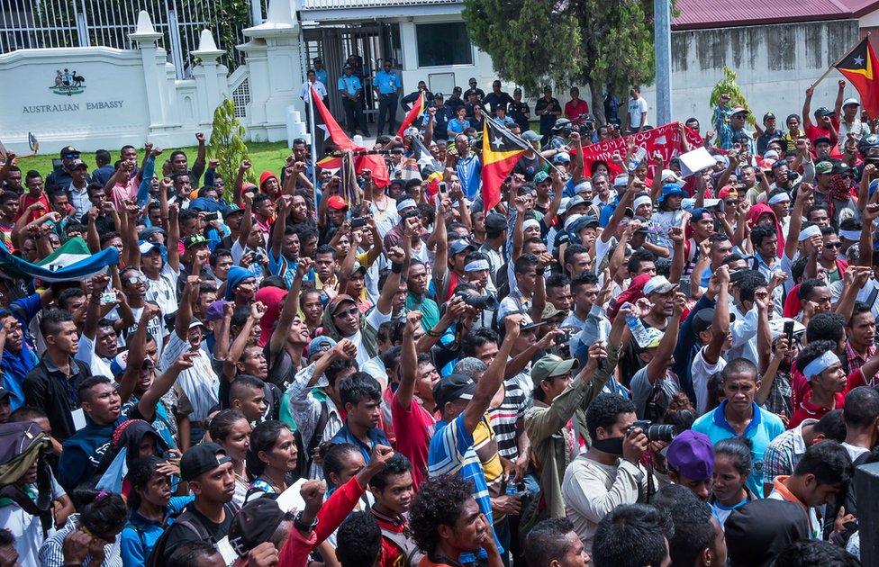 Protesters outside the Australia Embassy in Dili, East Timor, 22 March 2016