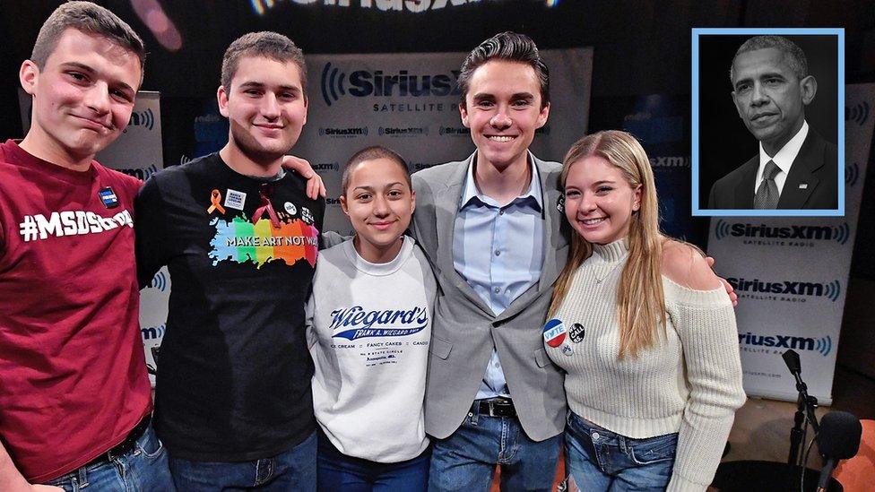 Cameron Kasky, Jaclyn Corin, David Hogg, Emma González and Alex Wind stand in a line with their arms around one another. Inset shows Barack Obama.