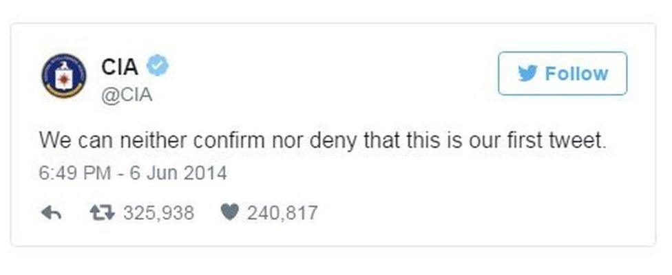 CIA tweets: We can neither confirm nor deny that this is our first tweet.