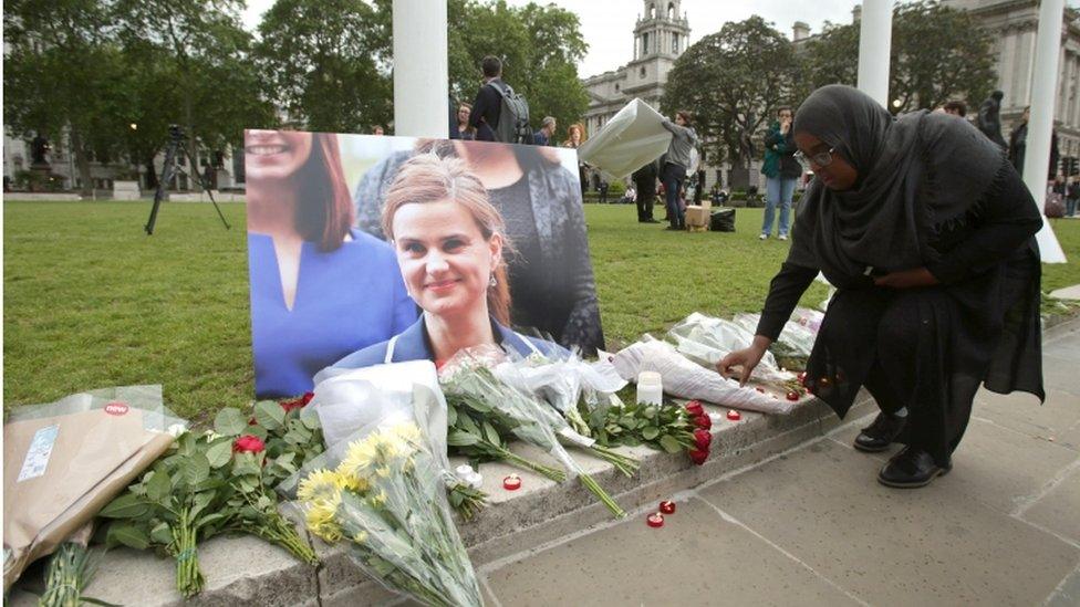 Floral tributes to Jo Cox were laid in Parliament Square