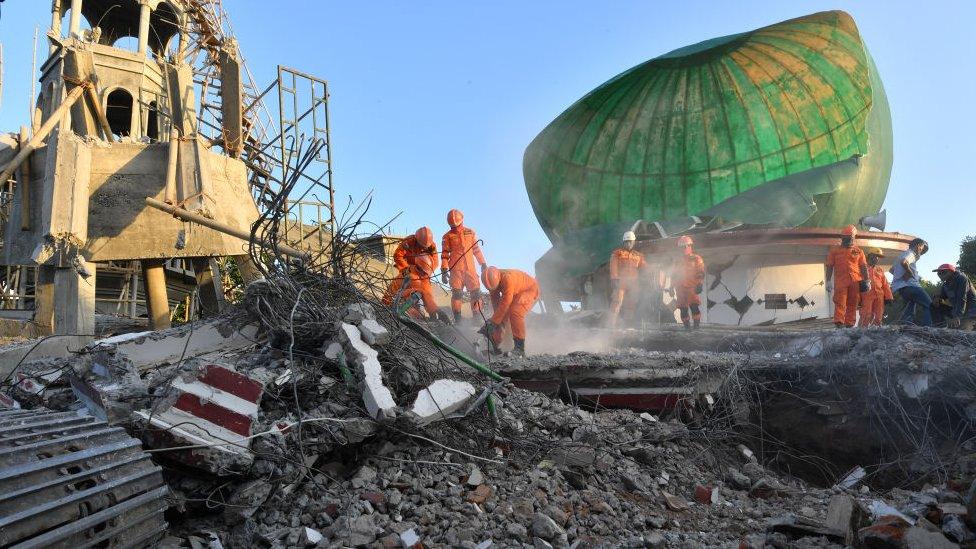 A collapsed mosque in Pemenang, North Lombok on August 6, 2018,