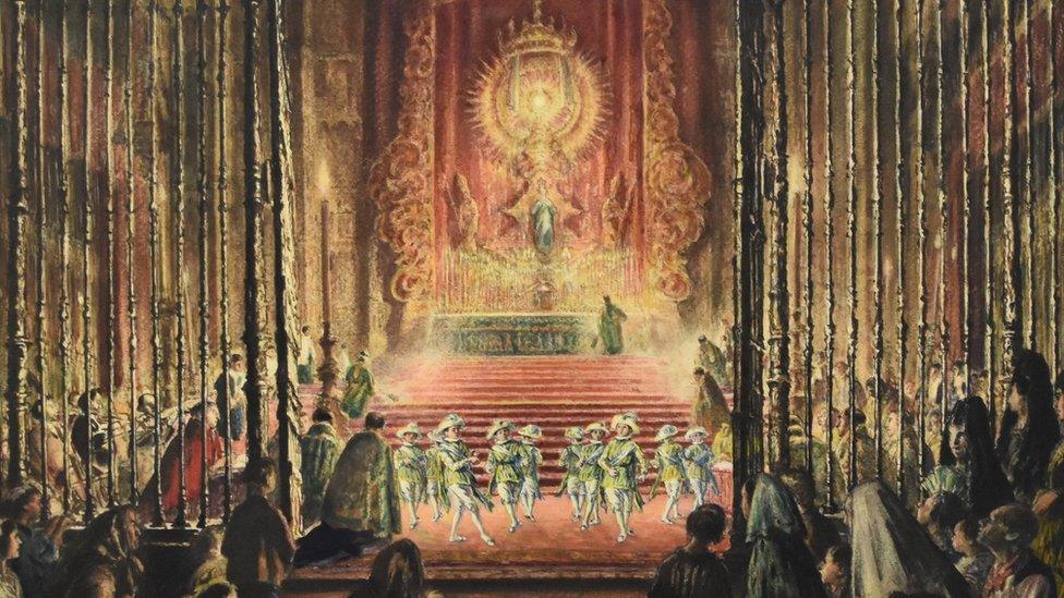 Muirhead Bone (Scottish 1867-1953) Seises Dancing at the Altar, Seville Cathedral, which carries an estimate of £500-£700.