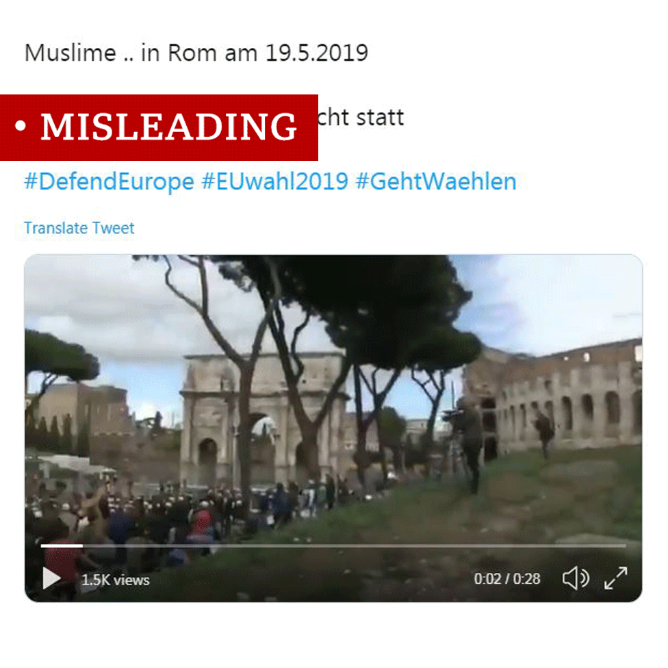 Screenshot of video of Muslims gathered outside the colosseum in Rome, labelled "false"