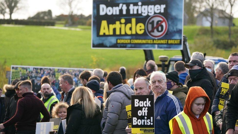 Protesters from Border Communities Against Brexit demonstrate near the border between the Republic of Ireland and Northern Ireland