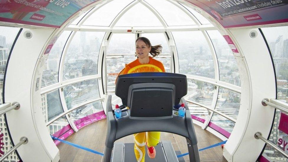 Sally Orange, 2016 Invictus Games Orlando medallist and Guinness World Record holder, completing the 2020 virtual London Marathon on a treadmill inside a London Eye pod