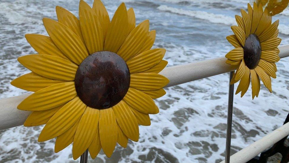 Two of the sunflowers dedicated to people cared for by the hospice