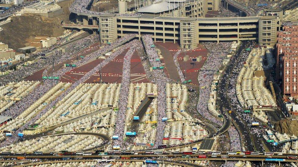 An aerial shot of the Hajj pilgrimage in Saudi Arabia