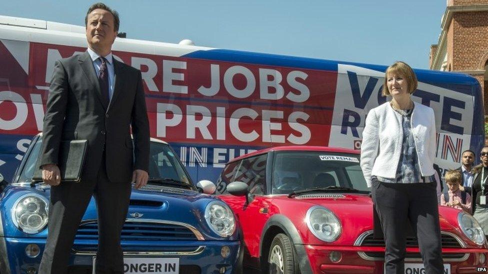 David Cameron appearing alongside Harriet Harman at a Remain rally