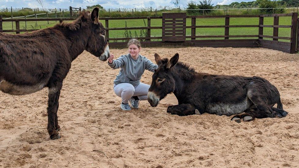 Clara pictured with her favourite donkeys Harry and Bailey