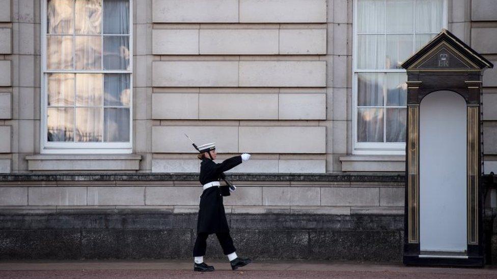 A naval officer on guard at Buckingham Palace