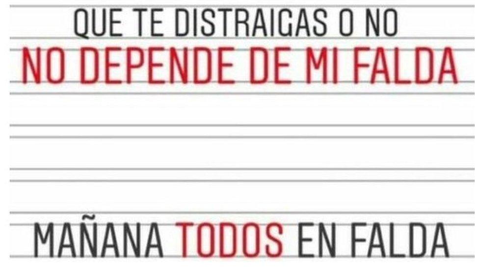 An online campaign banner says "Whether or not you are distracted does not depend on my skirt. Tomorrow, everyone wears skirts"