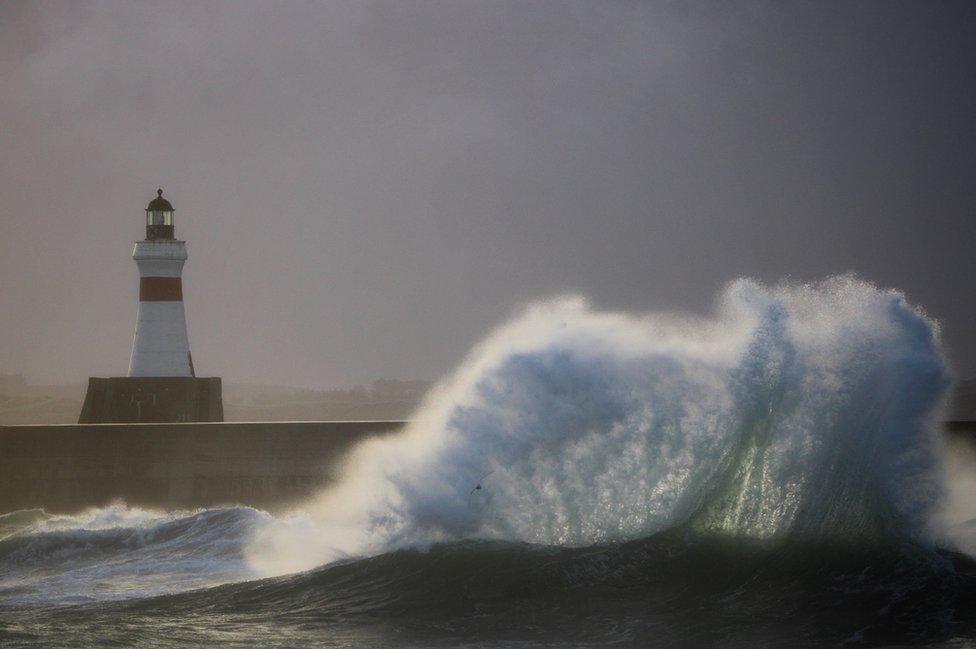 Waves crashing against the shore when Storm Corrie hit Fraserburgh, Aberdeenshire