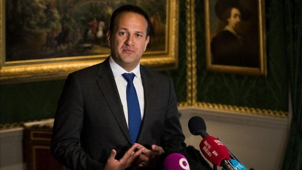 Irish Prime Minister Leo Varadkar speaks to the press inside Hillsborough Castle.