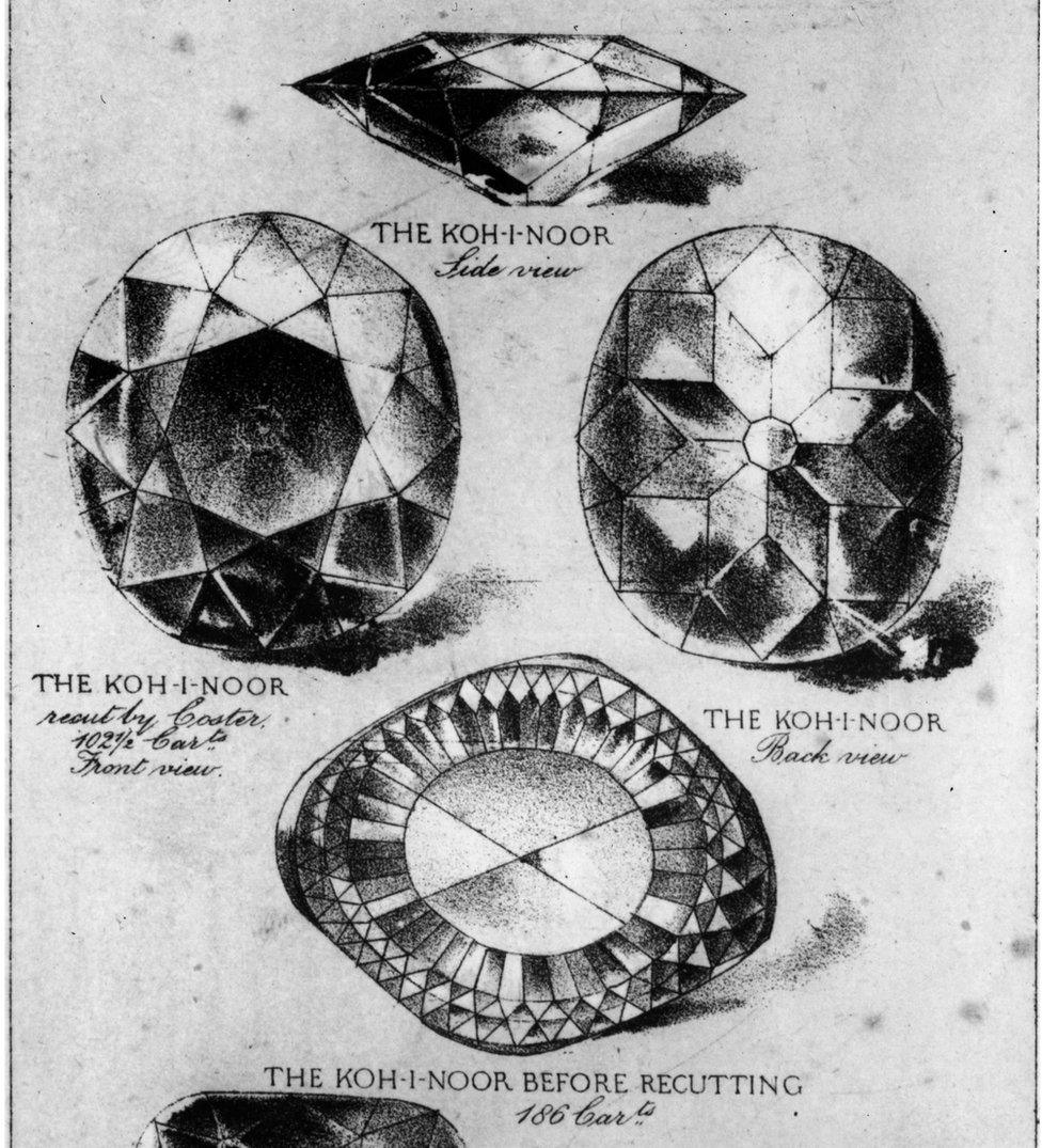 circa 1860: The Koh-i-Noor and Regent or Pitt diamonds seen from different angles.