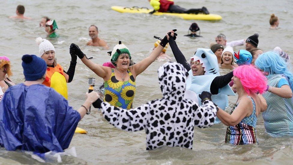 Gosport swimmers in fancy dress on New Year's Day