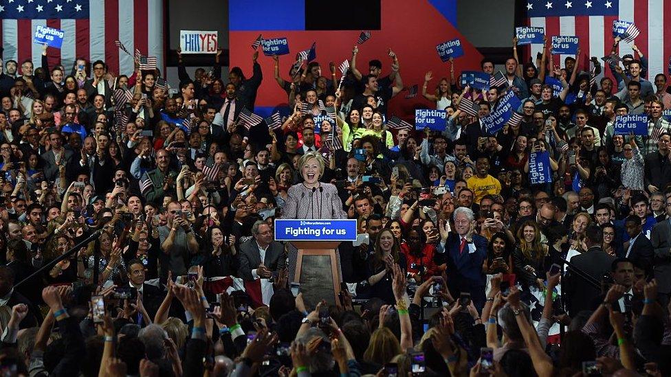 Hillary Clinton celebrates at a rally in New York City on 19 April.