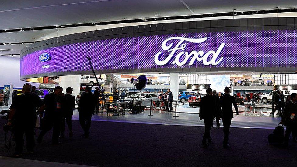 The Ford exhibit entrance at the 2017 North American International Auto Show