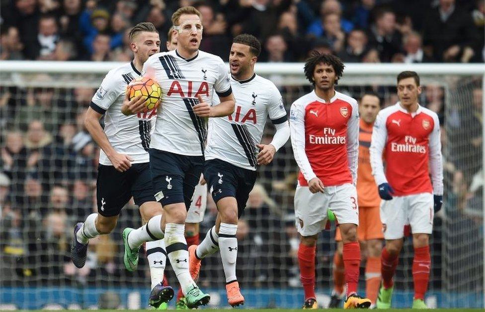 Tottenham's Harry Kane after scoring Spurs' second goal against Arsenal during the north London derby at White Heart Lane