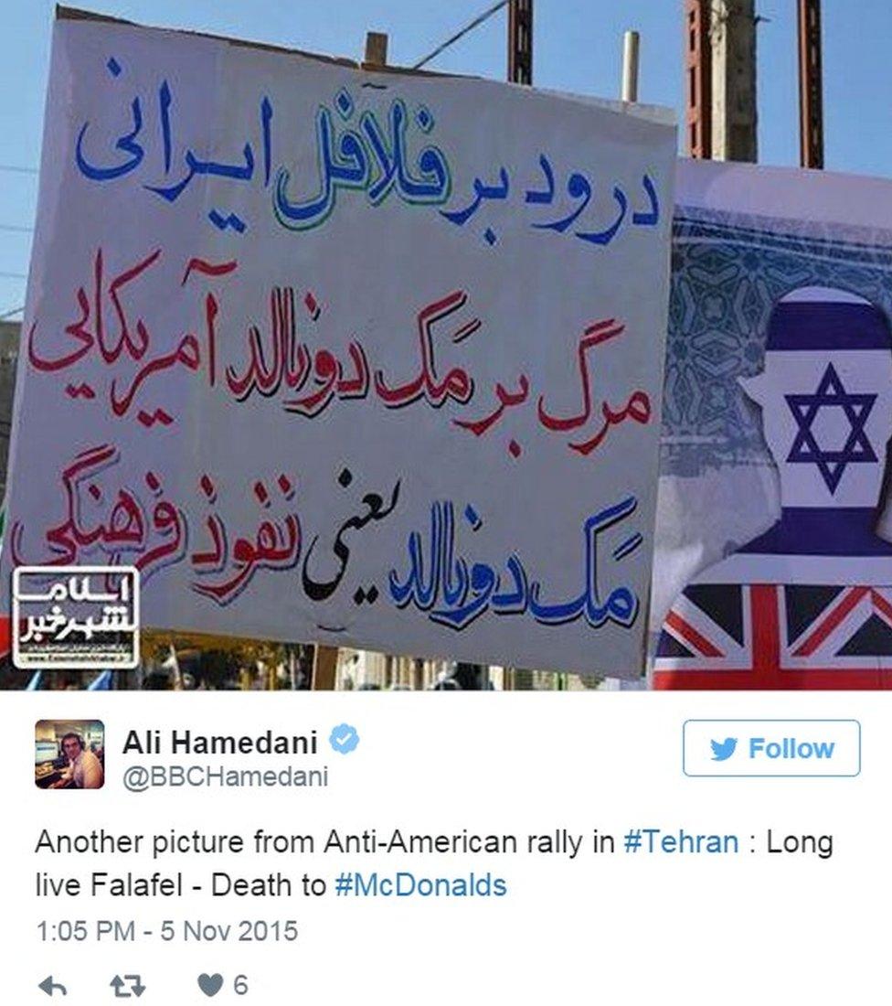 Tweet by BBC's Ali Hamedani showing anti-American protest in tehran - 5 November 2015